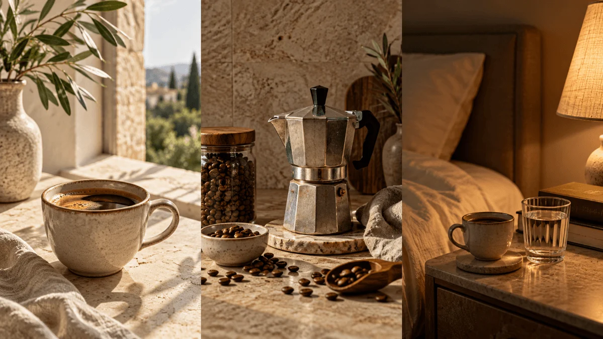 Coffee cup, moka pot and evening bedside scene in warm neutral tones